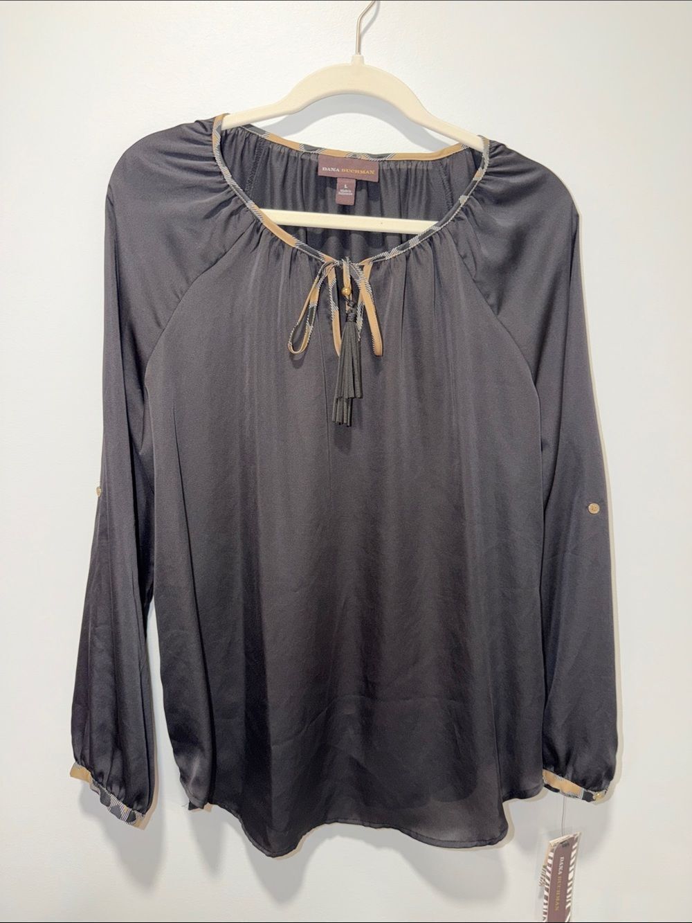 DANA BUCHMAN L Black Tan Floral Trim Tab Sleeve Tassel Tie Front Blouse